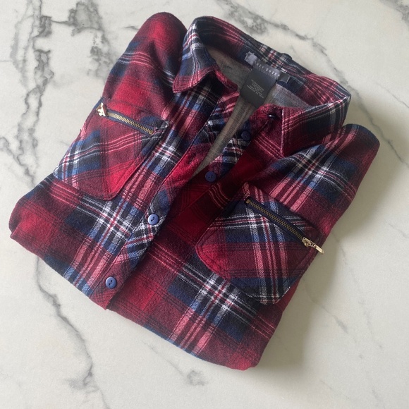 Suzy Shier Red Flannel Button Front Plaid Shirt Medium - Picture 1 of 4